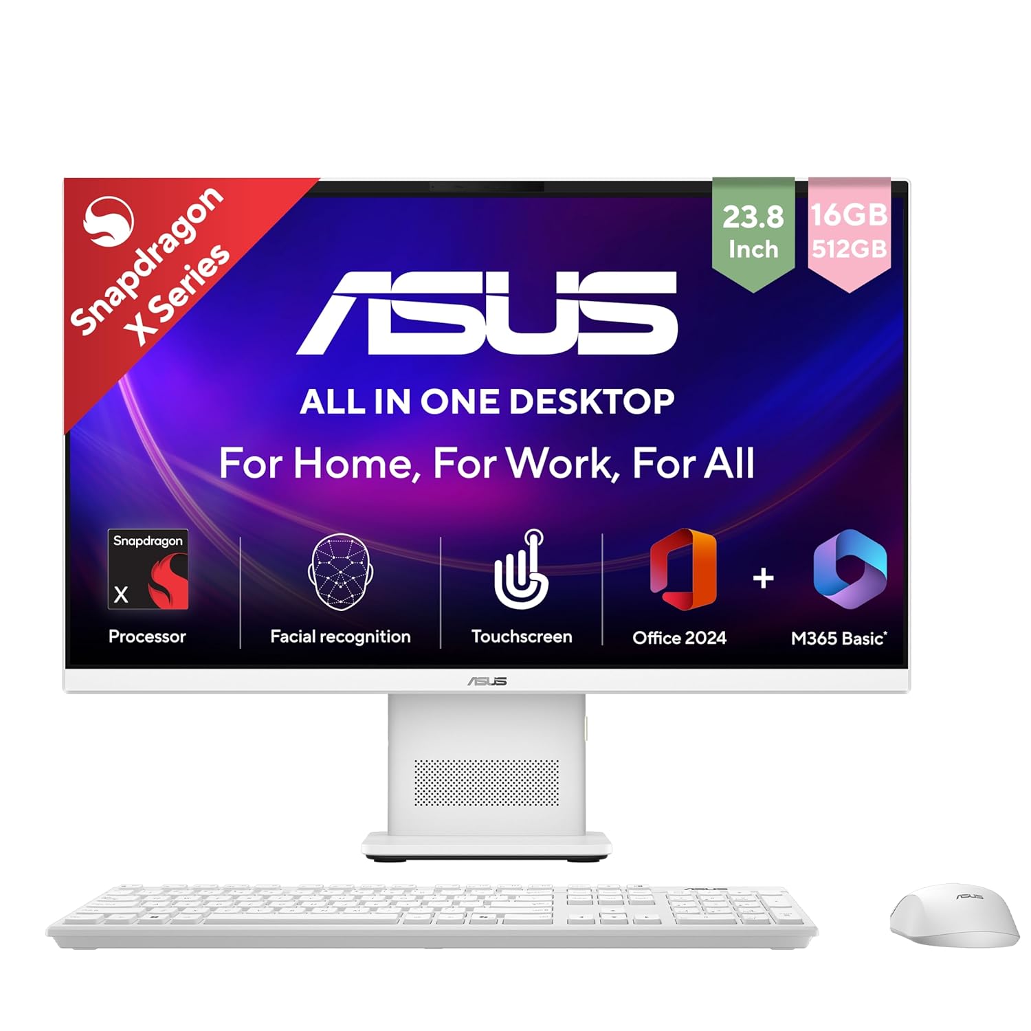 ASUS AiO VM441 (2026),Snapdragon X,Qualcomm Adreno iGPU,16GB RAM,512GB SSD,FHD,Touch screen,23.8"(60.45 cm),Windows 11,M365 Basic(1Y),Office 2024,White,5.47 kg,VM441QA-TWAP001WS,All in One Copilot+ PC